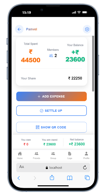 Vibhajan app screenshot displaying real-time balance tracking and who owes what