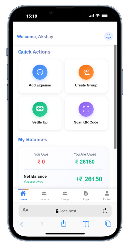 Vibhajan mobile app screenshot showing expense splitting interface with friends and groups